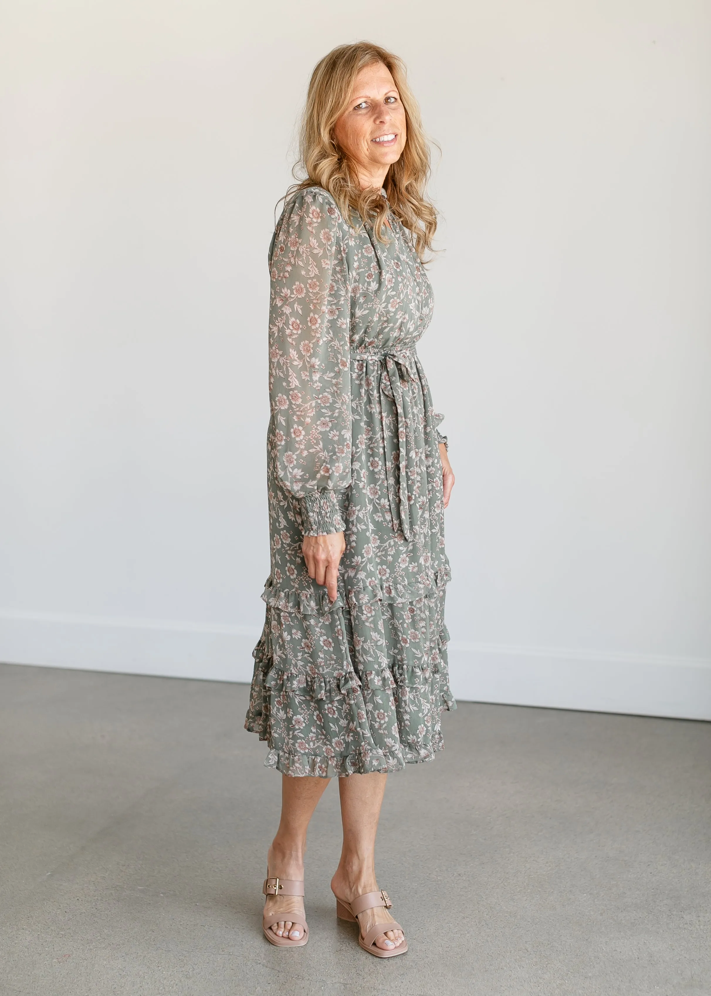 Belted Floral Long Sleeve Midi Dress - FINAL SALE