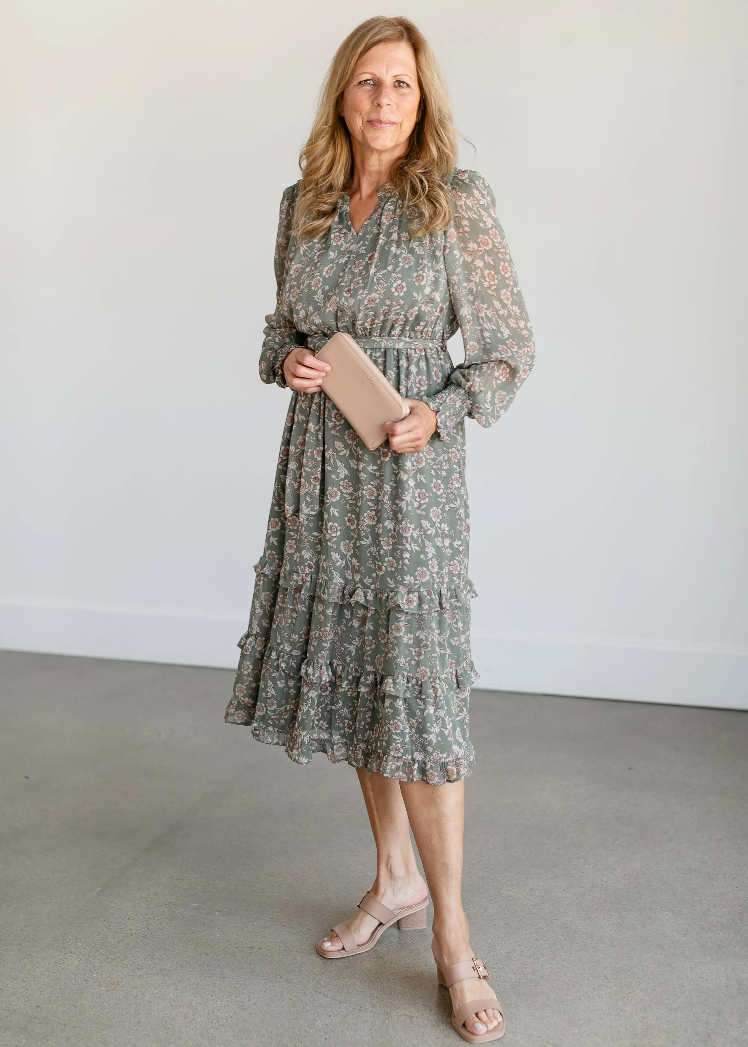 Belted Floral Long Sleeve Midi Dress - FINAL SALE