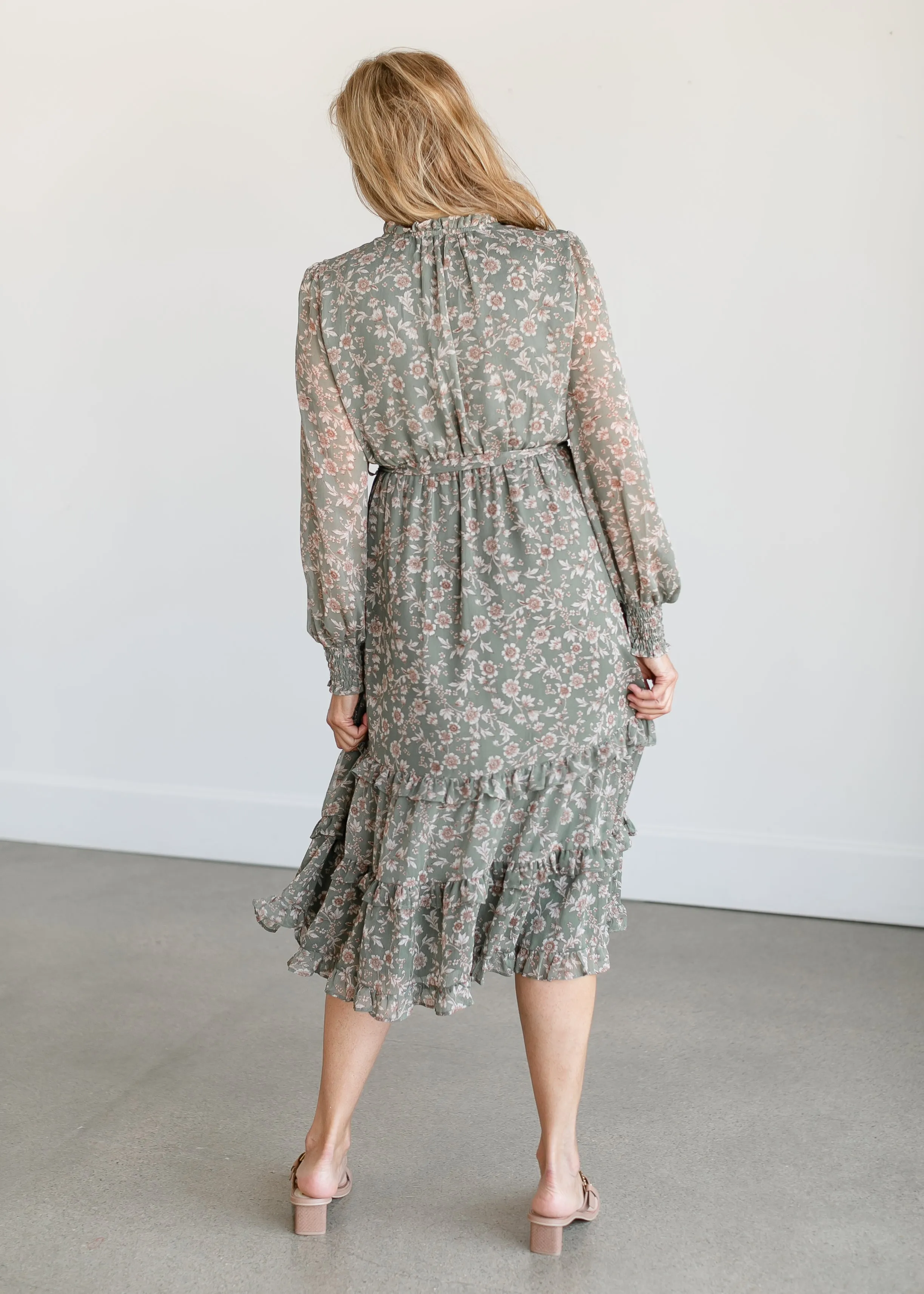Belted Floral Long Sleeve Midi Dress - FINAL SALE