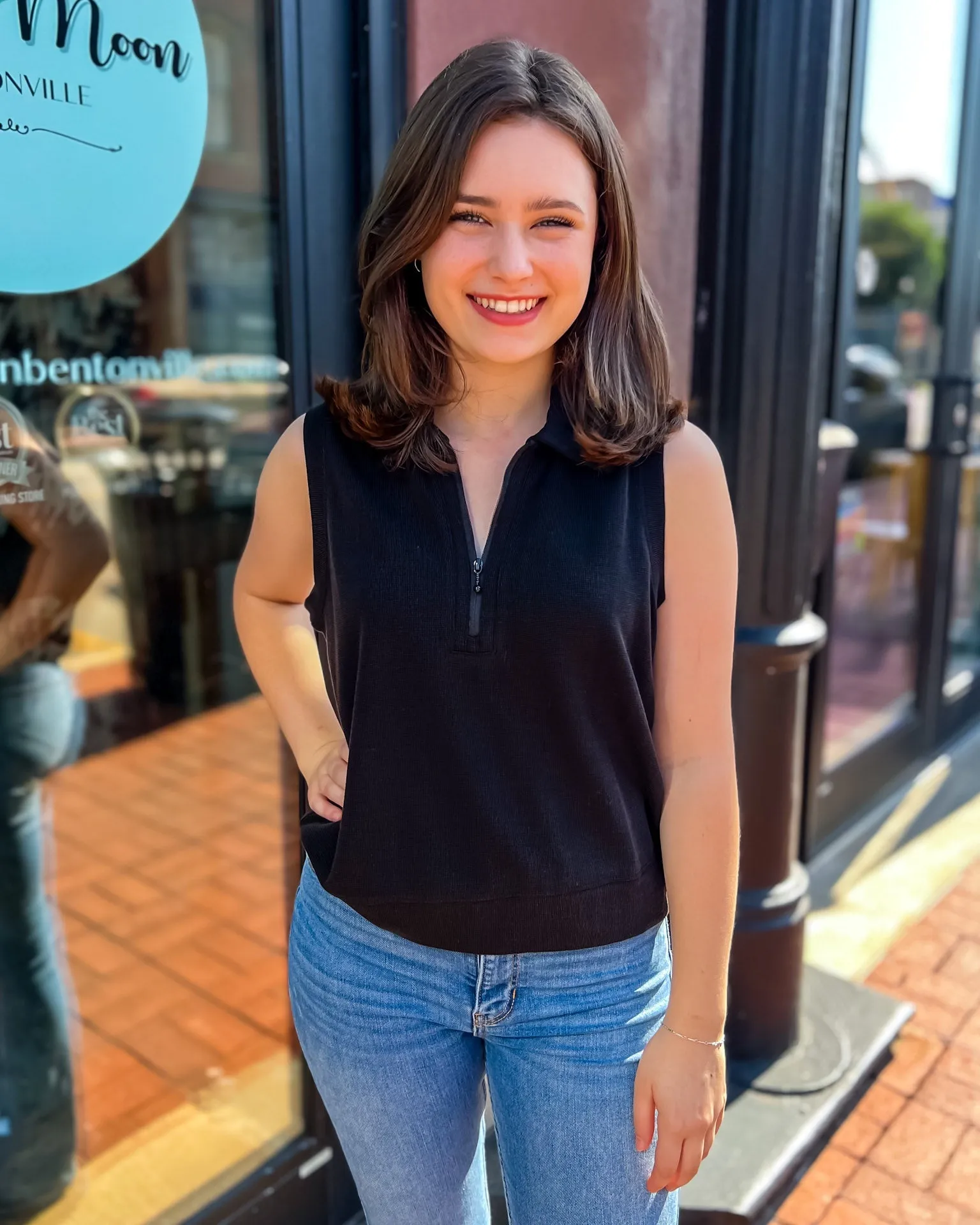 Black Boxy Half-Zip Tank Top