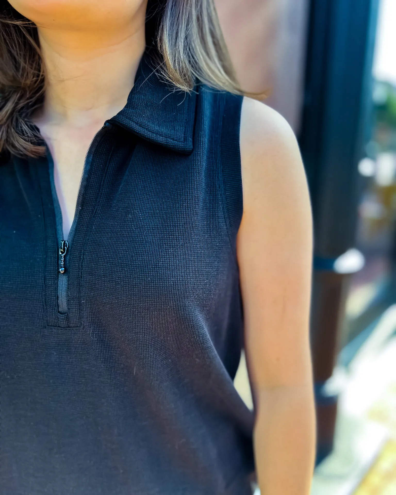 Black Boxy Half-Zip Tank Top