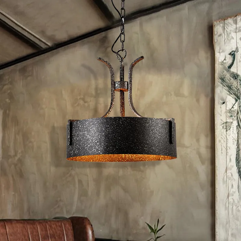 Black Metal Pendant Lamp with Elk, Vintage Chandelier Light Fixture - 3-Light Drum Shade, 12.5"/20" Wide