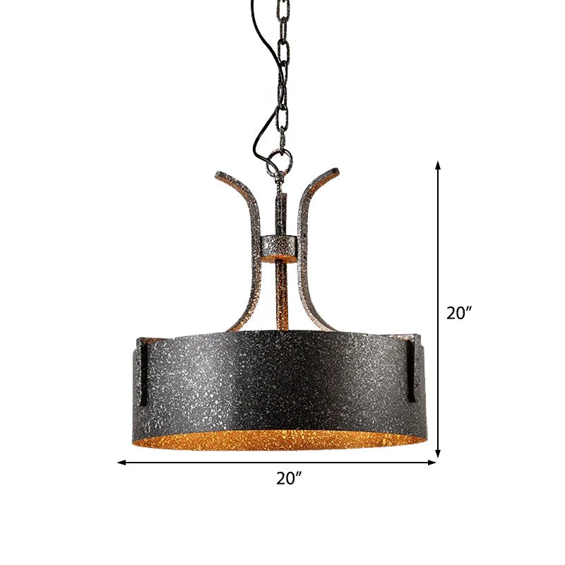 Black Metal Pendant Lamp with Elk, Vintage Chandelier Light Fixture - 3-Light Drum Shade, 12.5"/20" Wide
