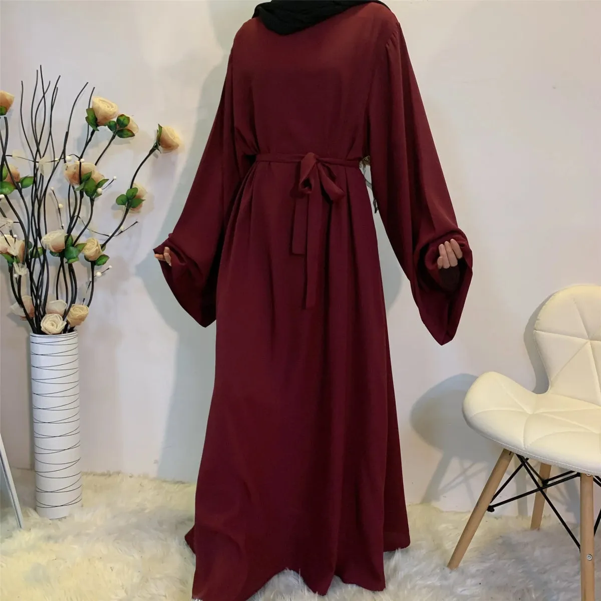 Chic and Modest: Muslim Fashion Hijab Dubai Abaya Long Dresses with Sashes for Women