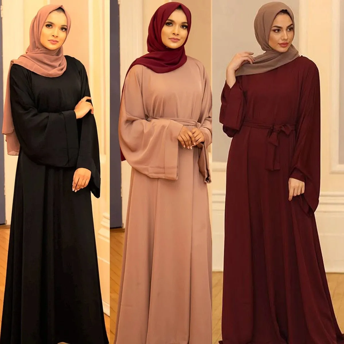 Chic and Modest: Muslim Fashion Hijab Dubai Abaya Long Dresses with Sashes for Women