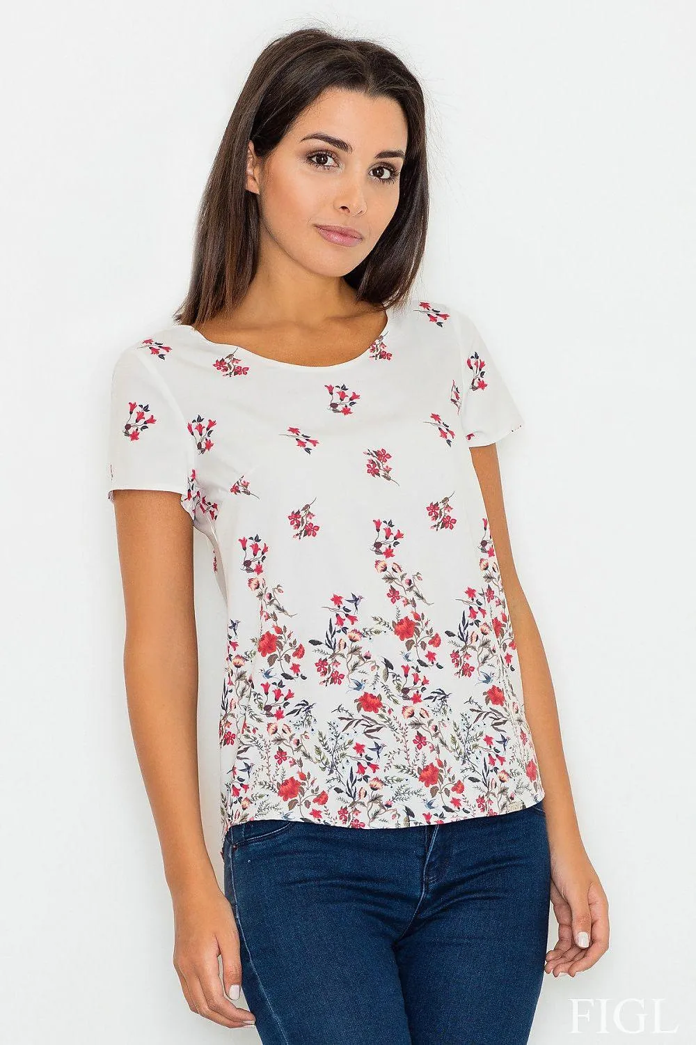 Chic Floral Short Sleeve Blouse in Stretchy Polyester Blend