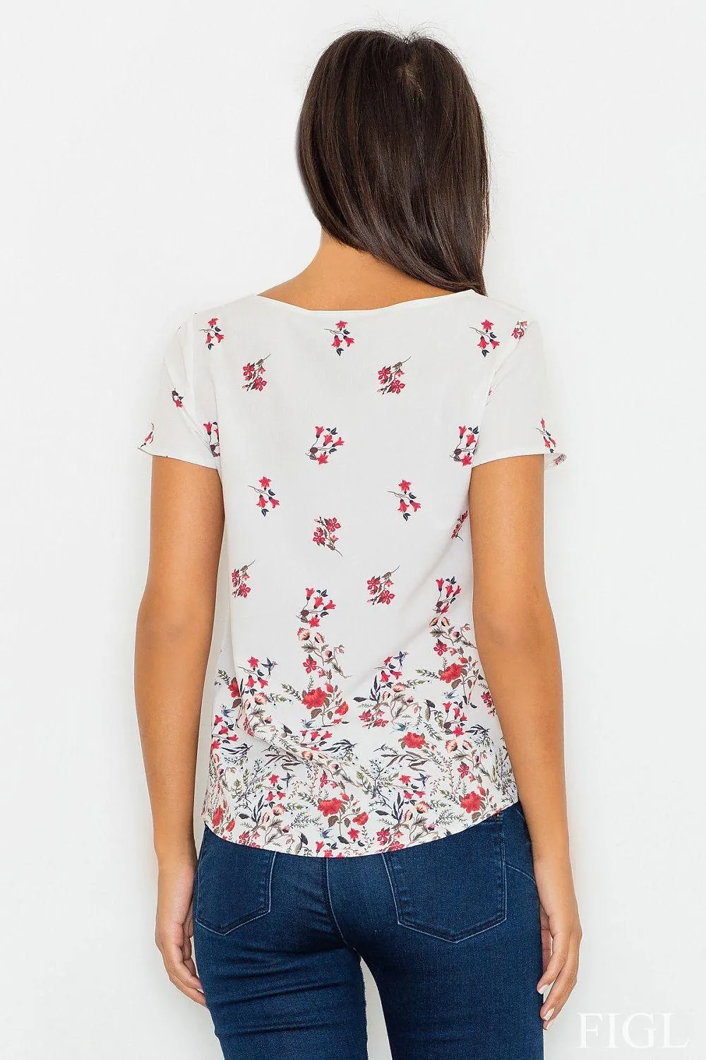 Chic Floral Short Sleeve Blouse in Stretchy Polyester Blend