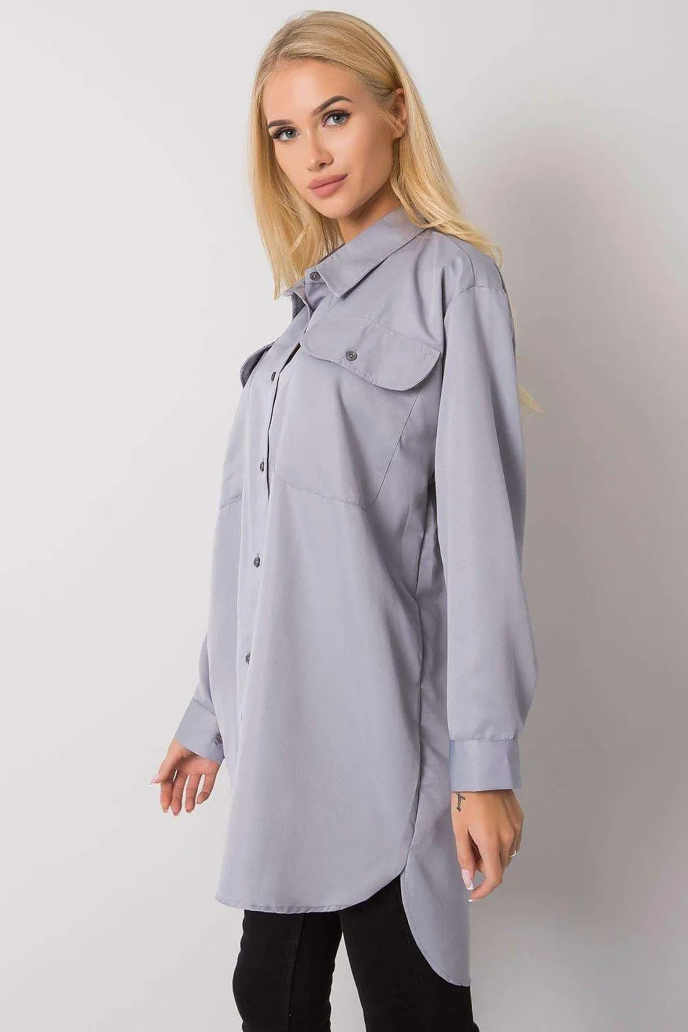 Chic Grey Cotton Women's Long Sleeve Button-Up Shirt