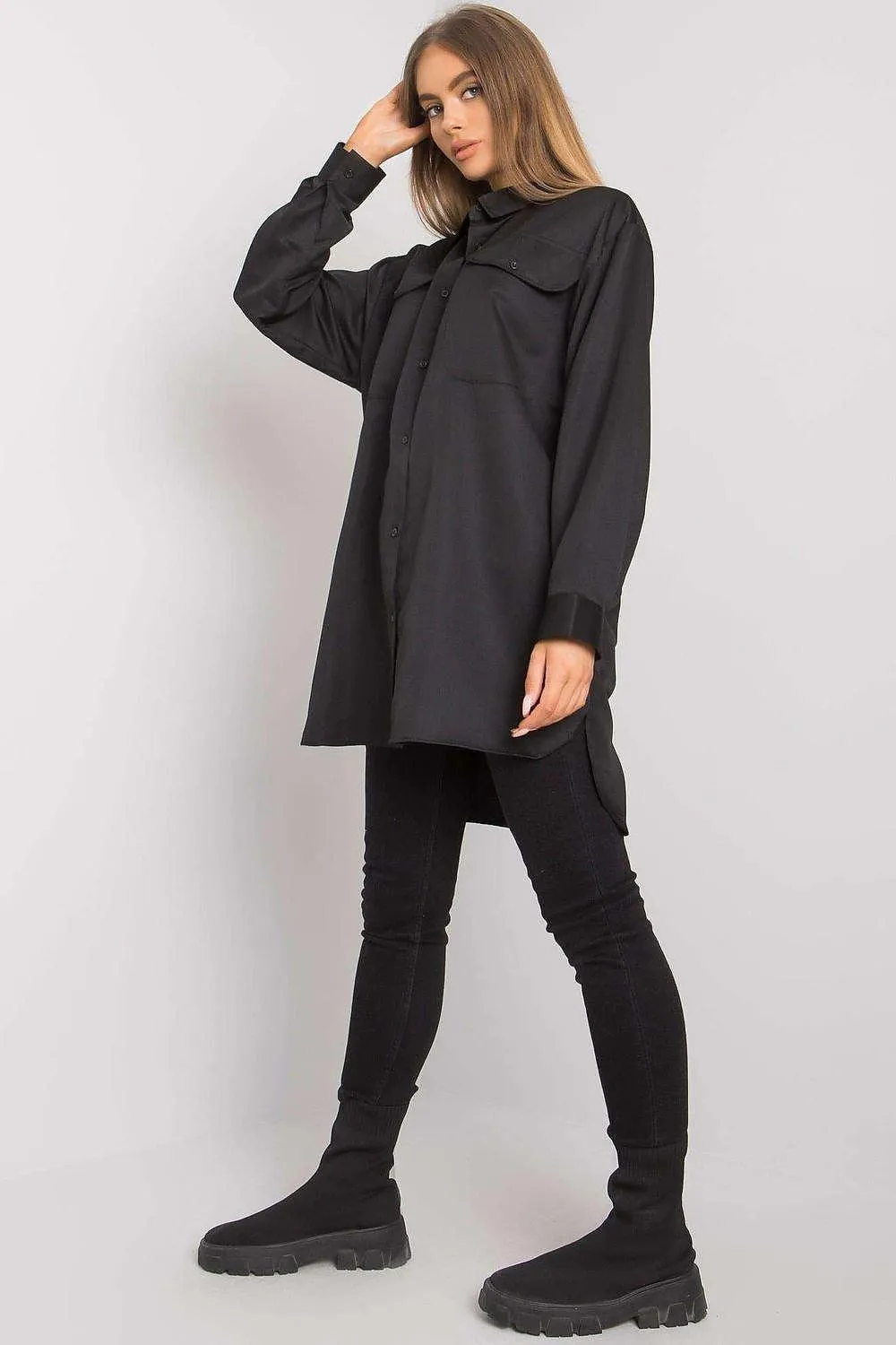 Chic Grey Cotton Women's Long Sleeve Button-Up Shirt