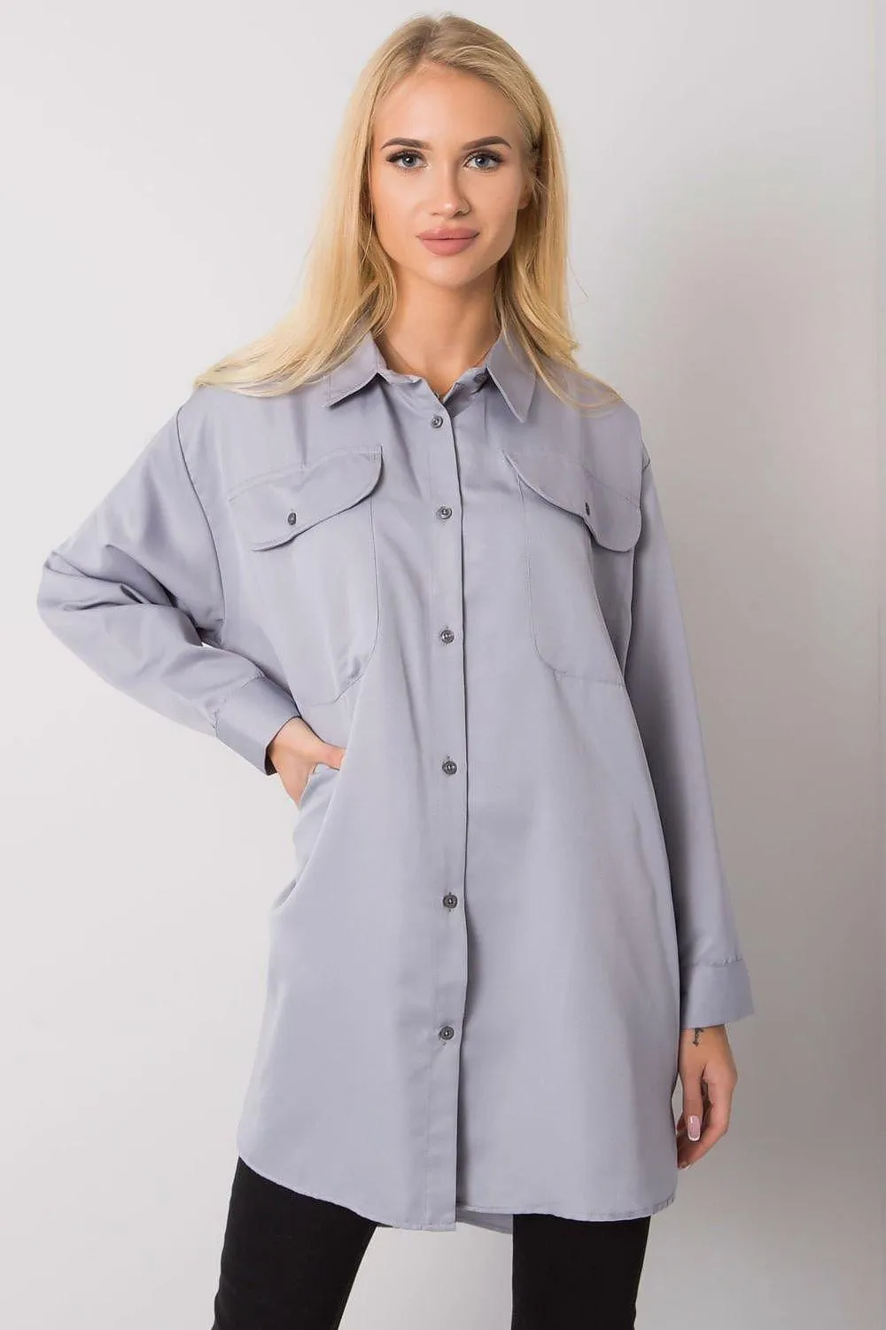 Chic Grey Cotton Women's Long Sleeve Button-Up Shirt