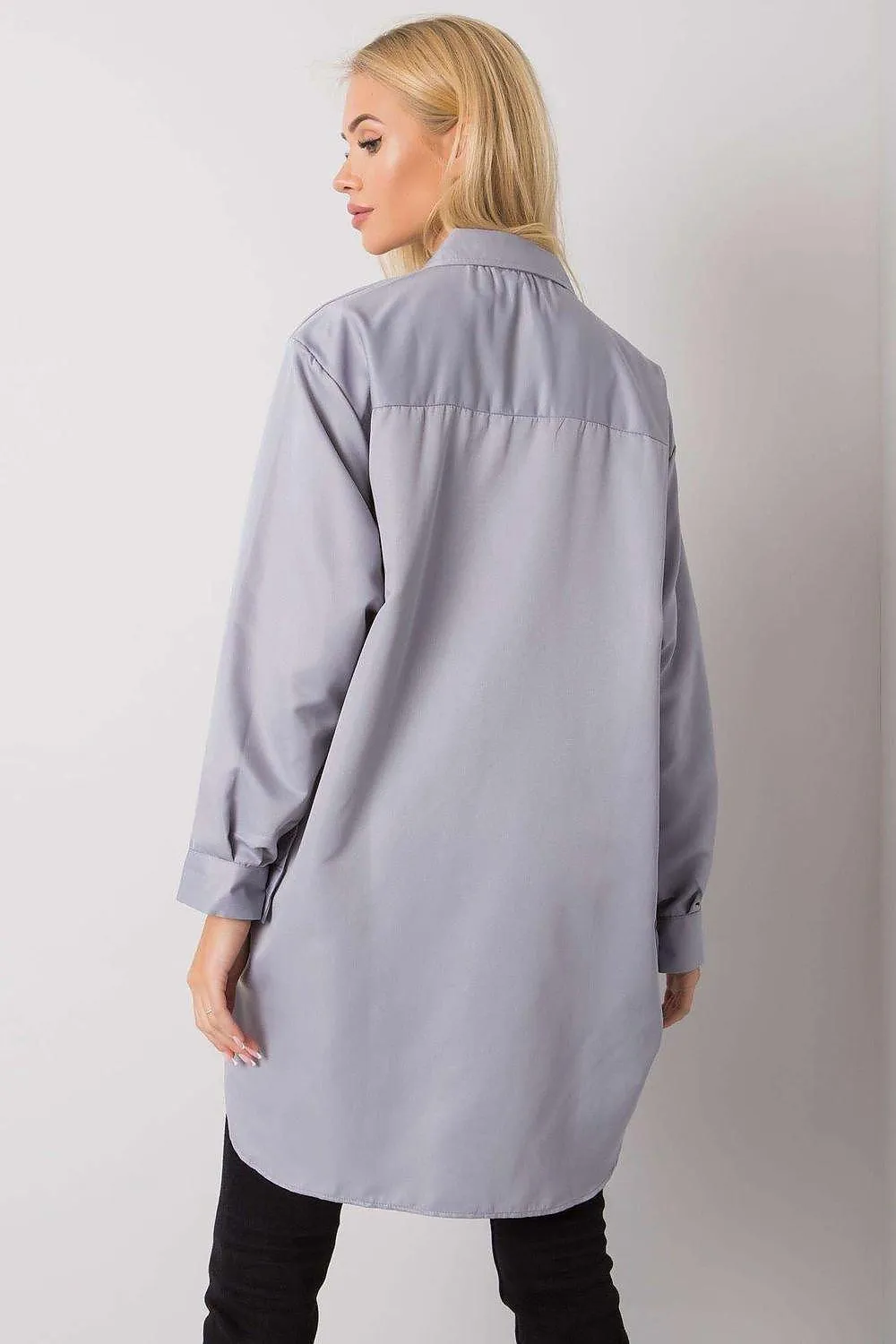 Chic Grey Cotton Women's Long Sleeve Button-Up Shirt