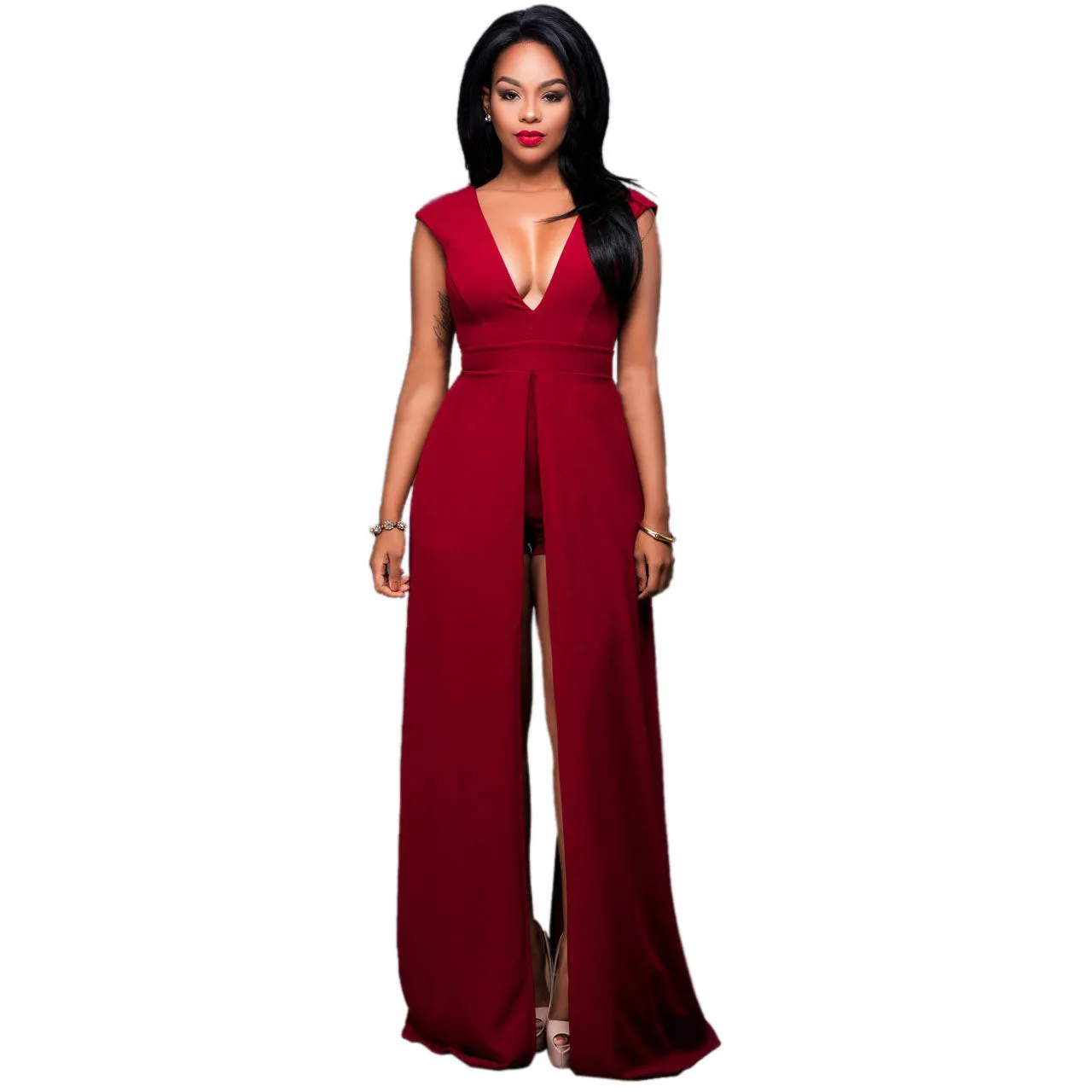 Deep V-neck Solid Color Split Irregular Dress