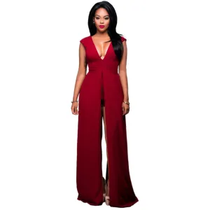 Deep V-neck Solid Color Split Irregular Dress
