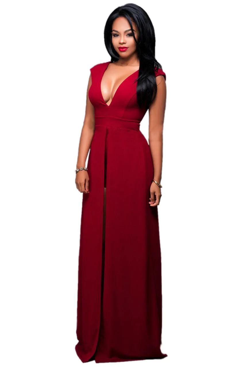 Deep V-neck Solid Color Split Irregular Dress