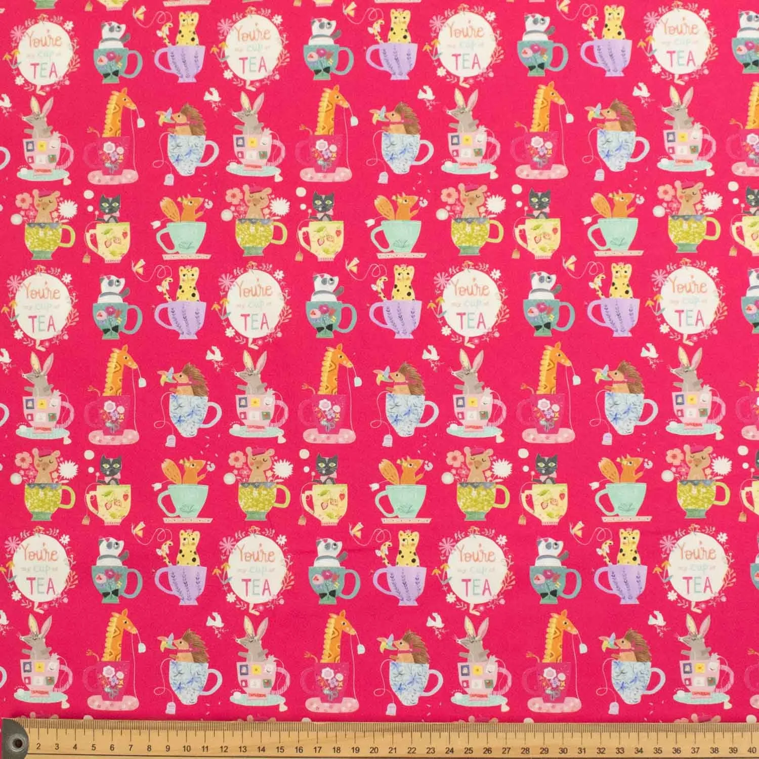 Fuchsia You're My Cup Of Tea Novelty Cotton Print