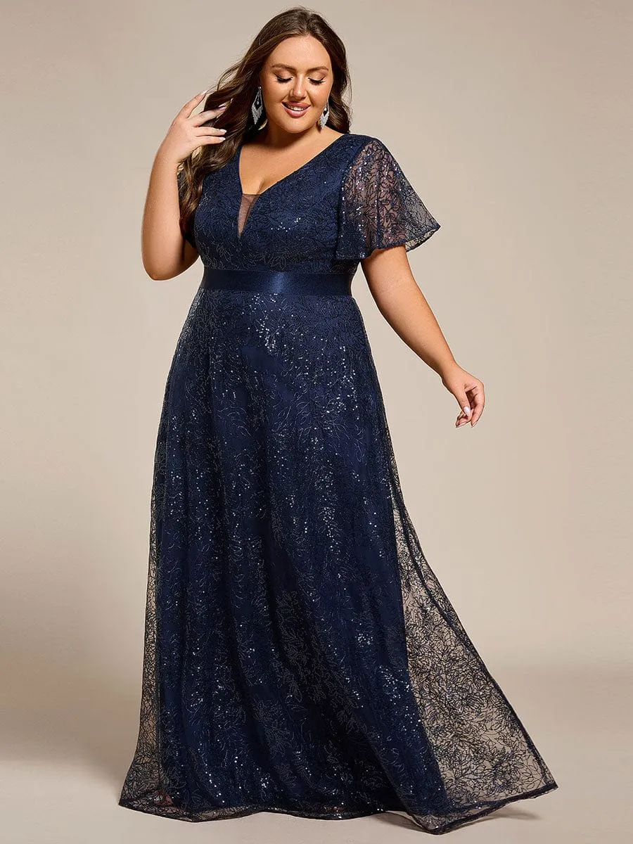 Illusion V-neck Sequin Maxi Evening Dress