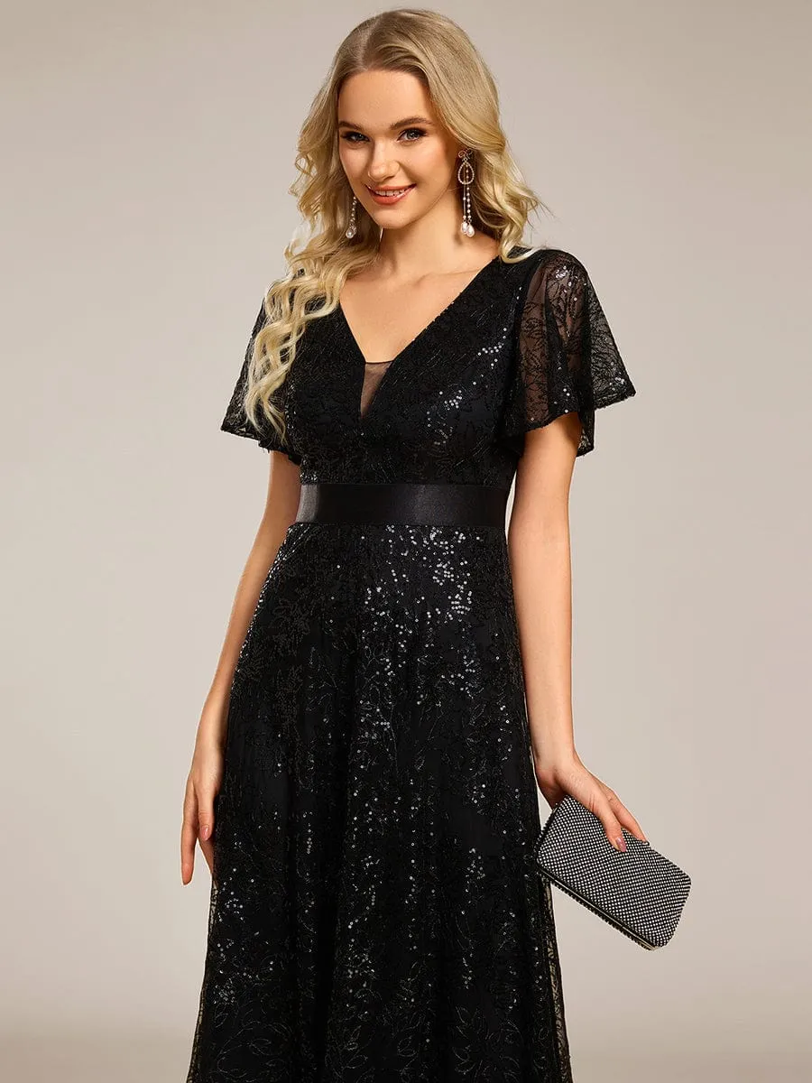 Illusion V-neck Sequin Maxi Evening Dress