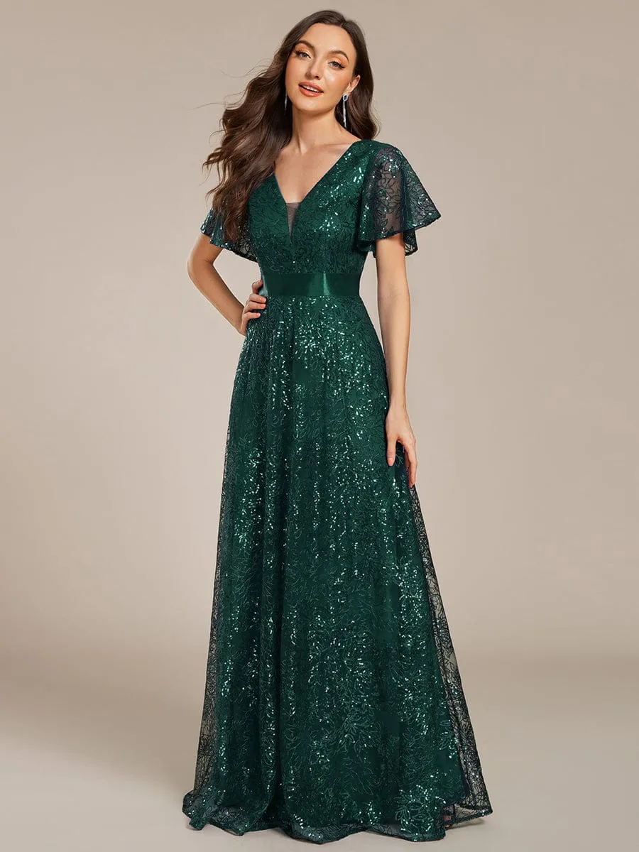 Illusion V-neck Sequin Maxi Evening Dress