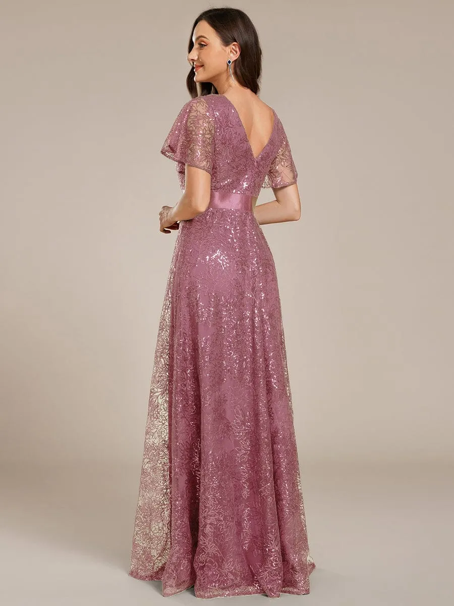 Illusion V-neck Sequin Maxi Evening Dress