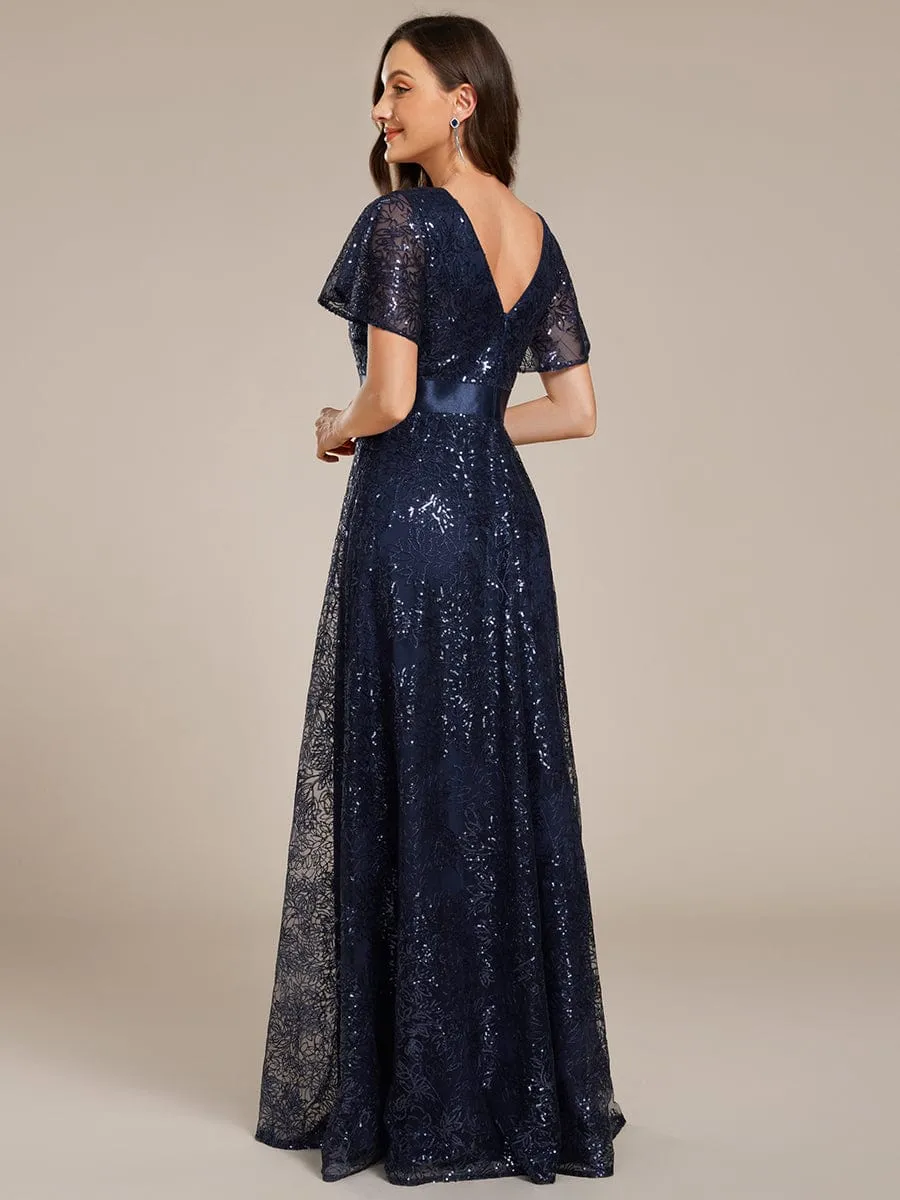 Illusion V-neck Sequin Maxi Evening Dress