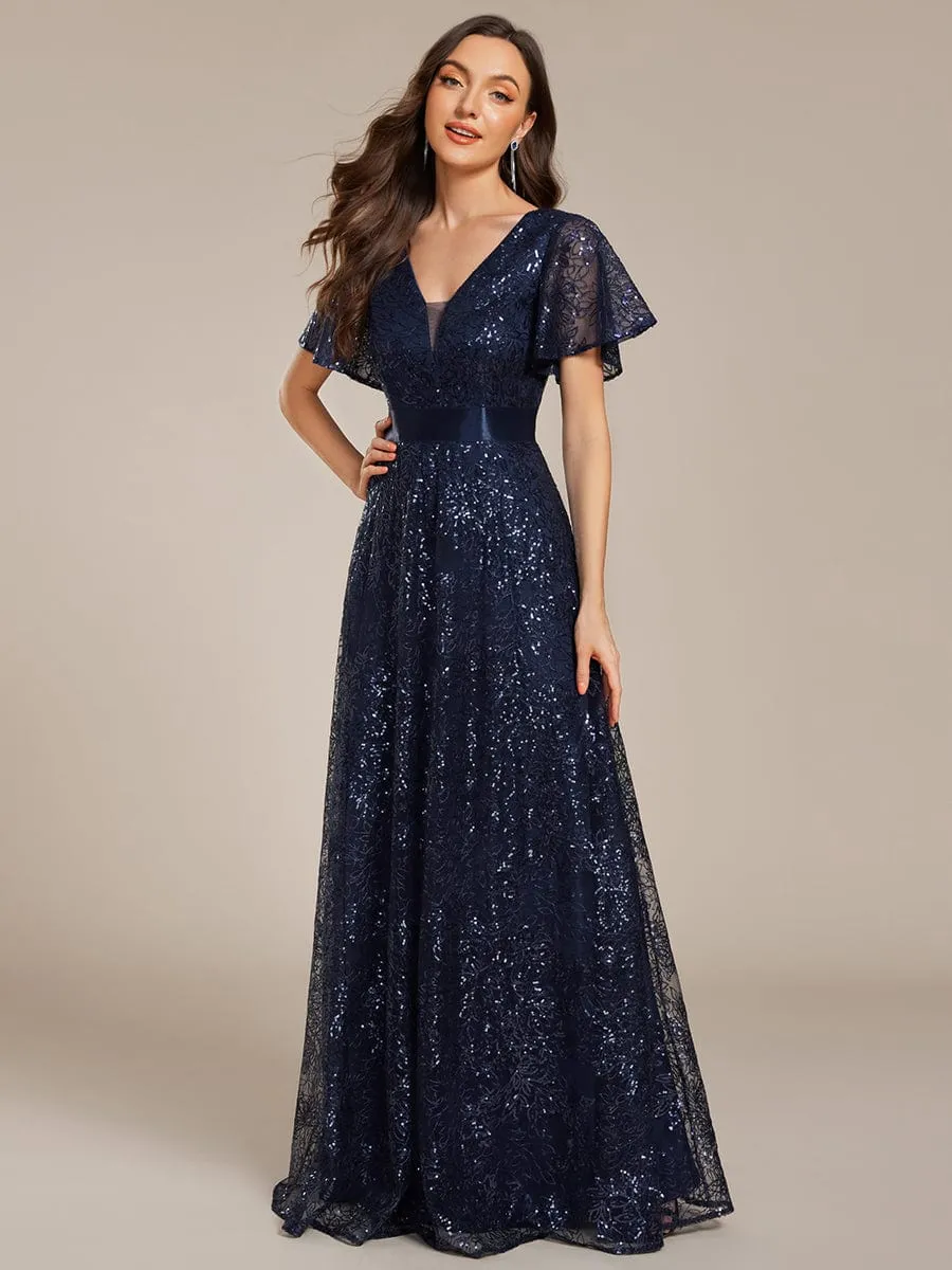 Illusion V-neck Sequin Maxi Evening Dress