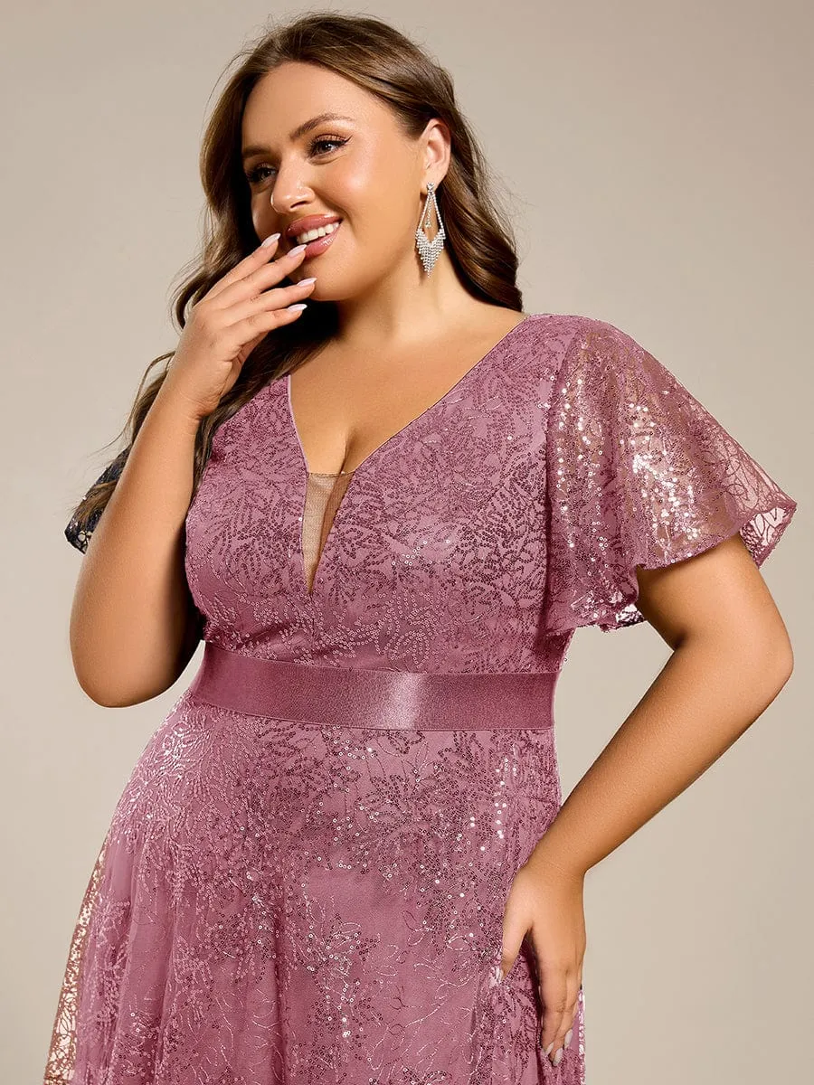 Illusion V-neck Sequin Maxi Evening Dress