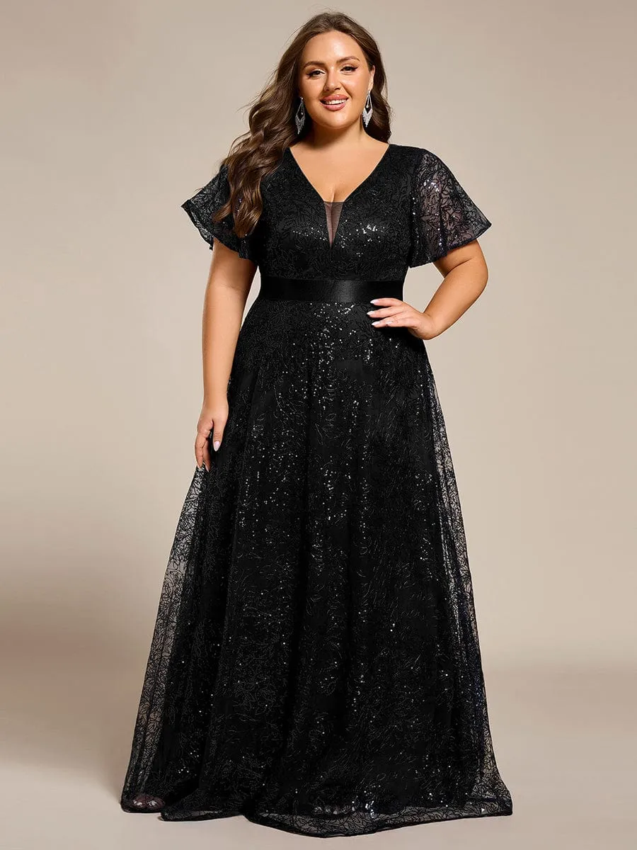 Illusion V-neck Sequin Maxi Evening Dress