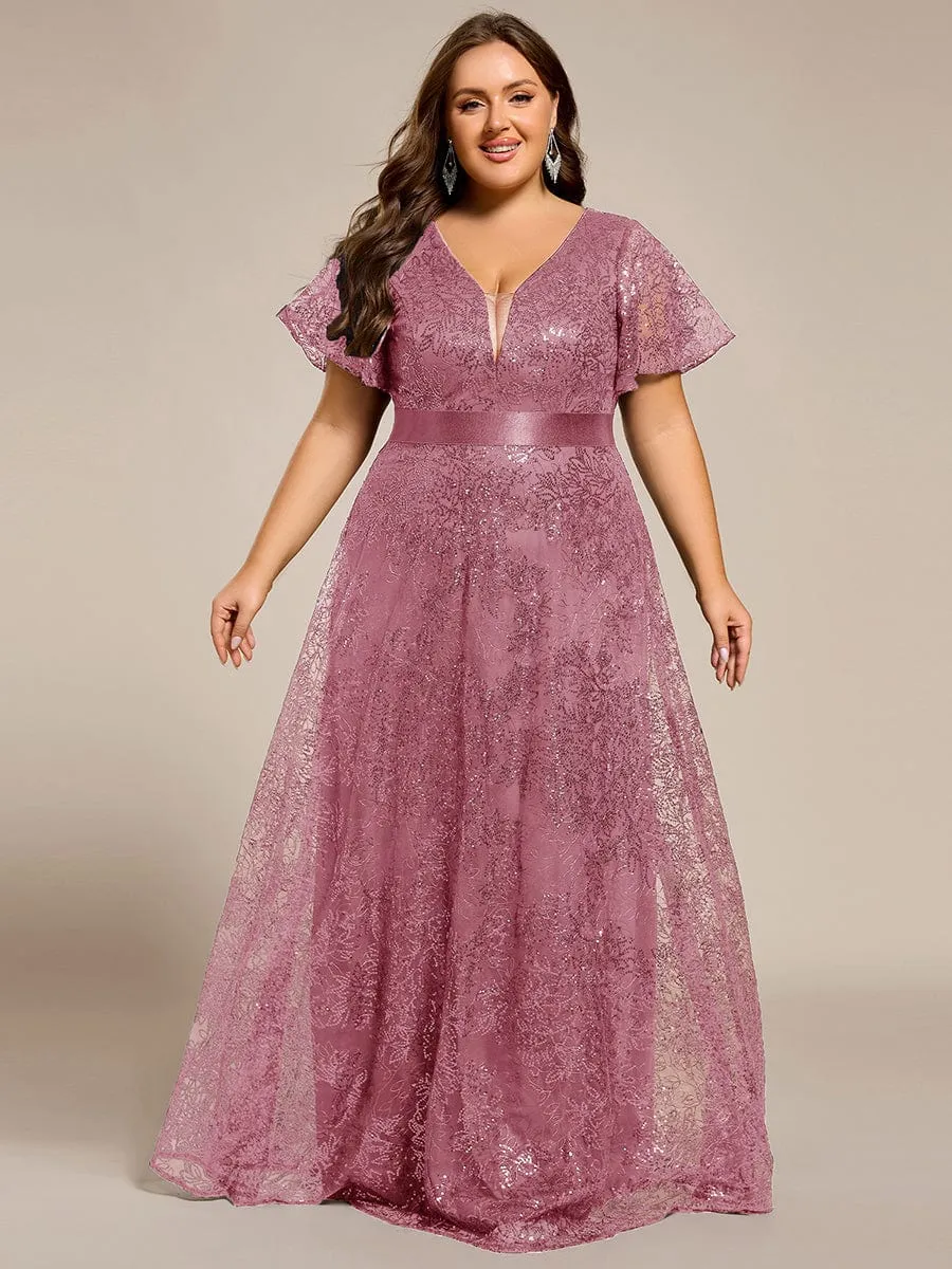Illusion V-neck Sequin Maxi Evening Dress
