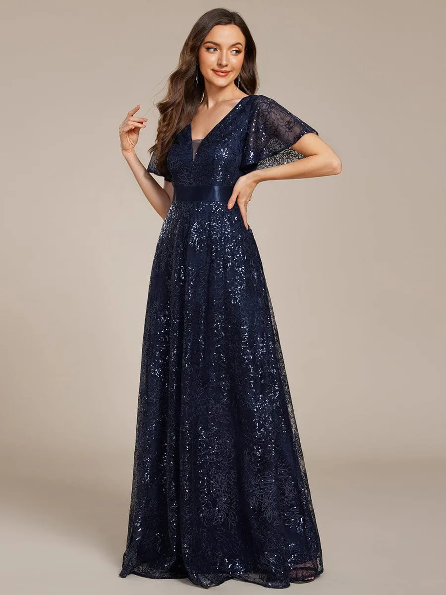 Illusion V-neck Sequin Maxi Evening Dress