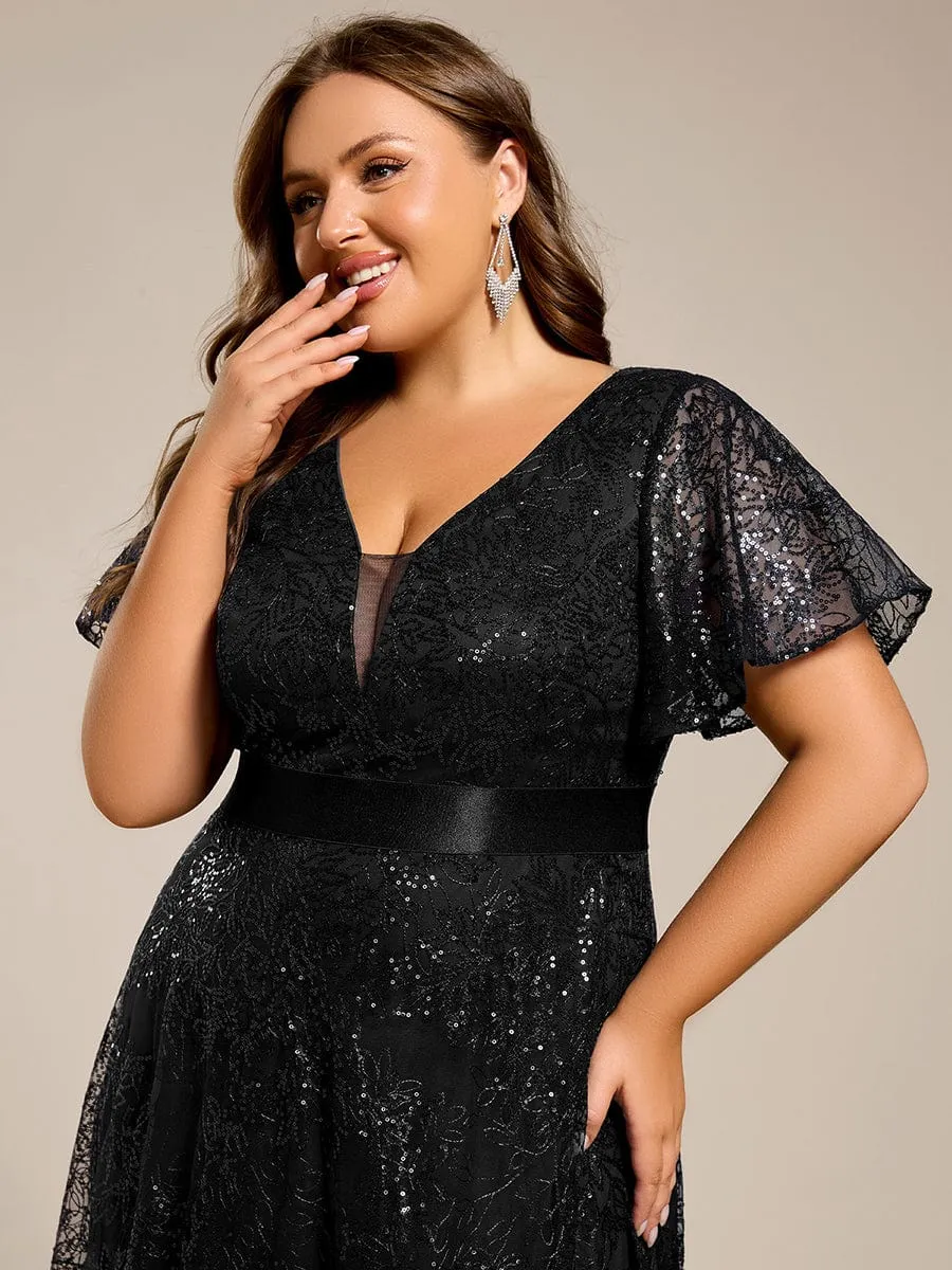 Illusion V-neck Sequin Maxi Evening Dress