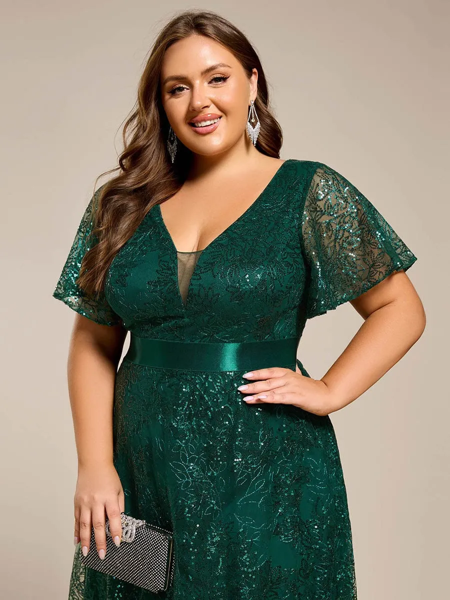 Illusion V-neck Sequin Maxi Evening Dress