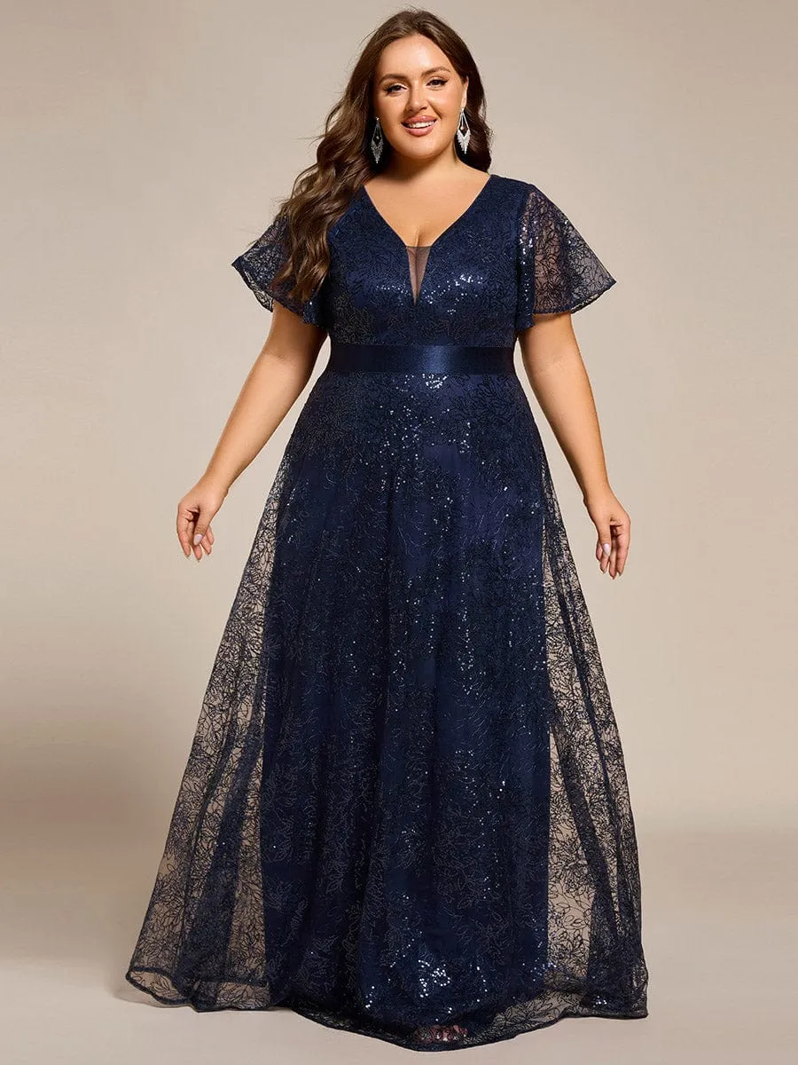 Illusion V-neck Sequin Maxi Evening Dress