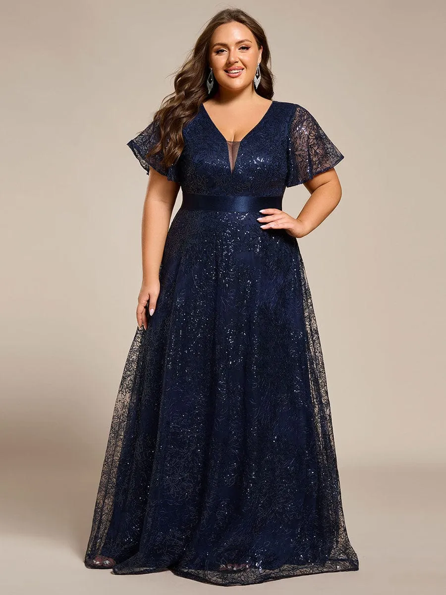 Illusion V-neck Sequin Maxi Evening Dress