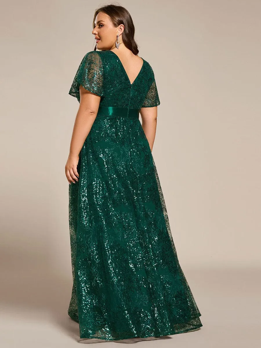 Illusion V-neck Sequin Maxi Evening Dress