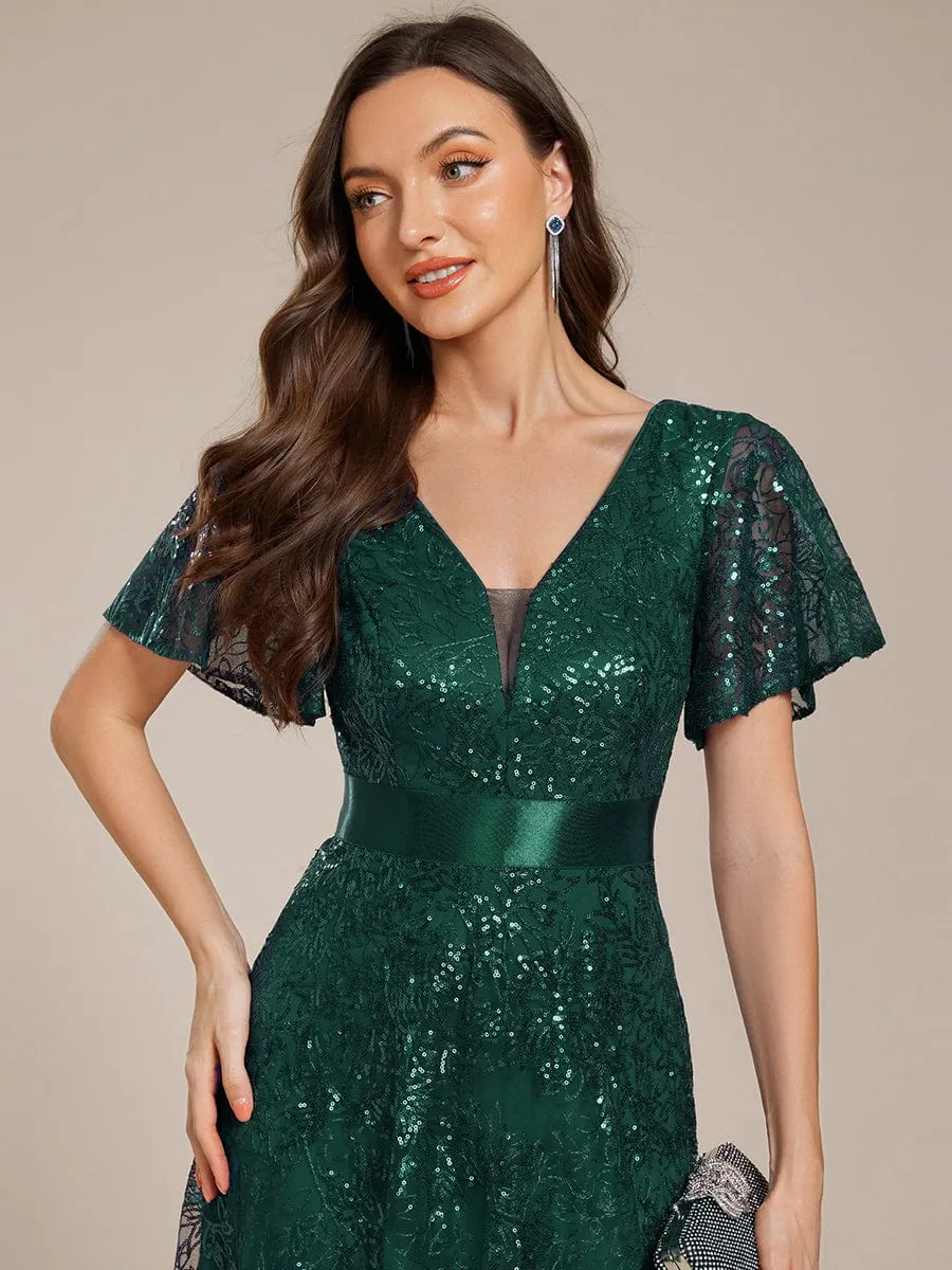 Illusion V-neck Sequin Maxi Evening Dress