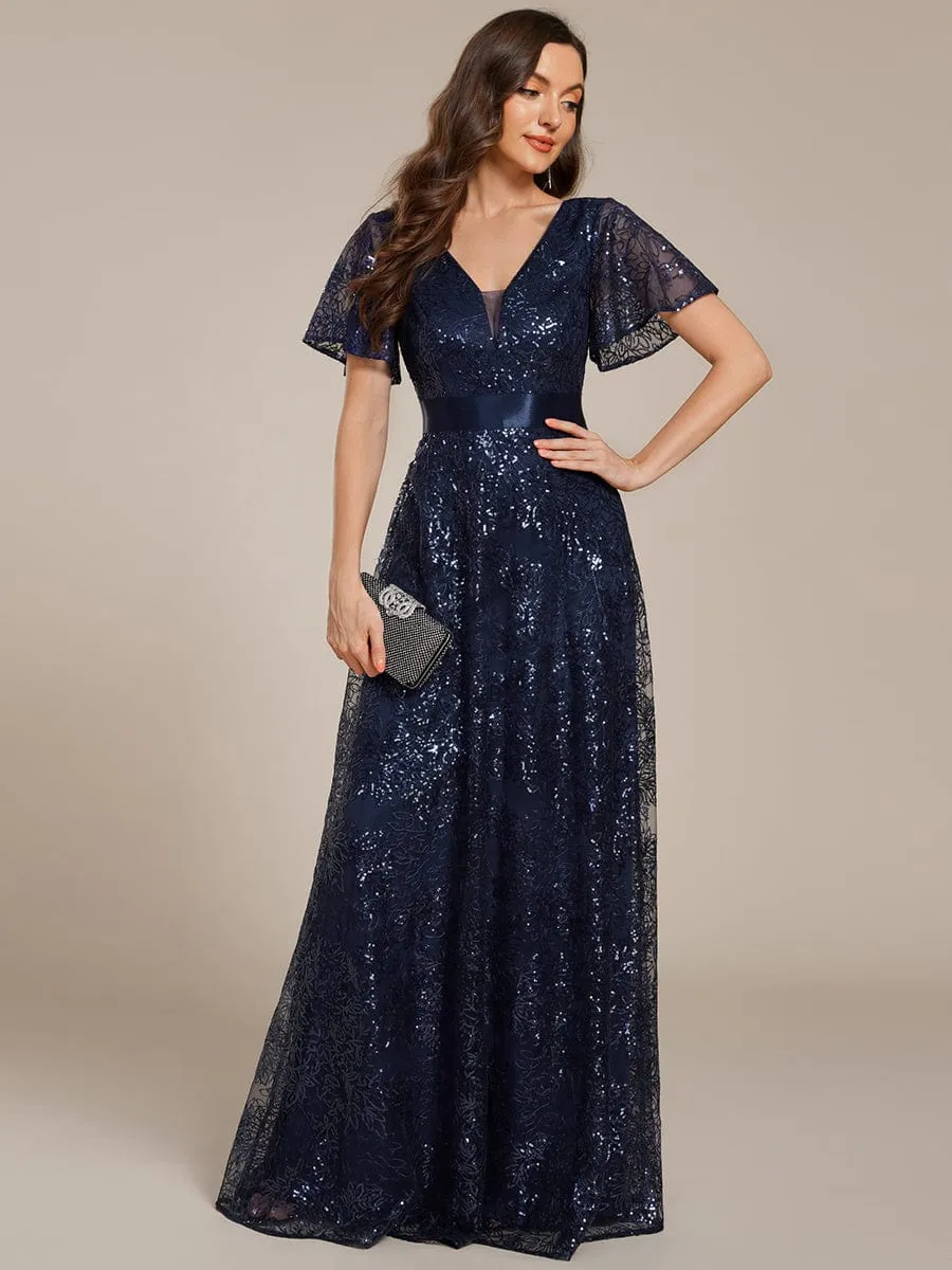 Illusion V-neck Sequin Maxi Evening Dress