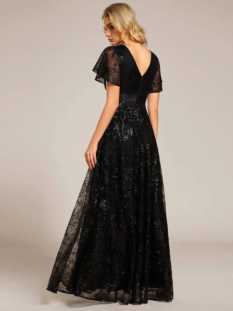 Illusion V-neck Sequin Maxi Evening Dress