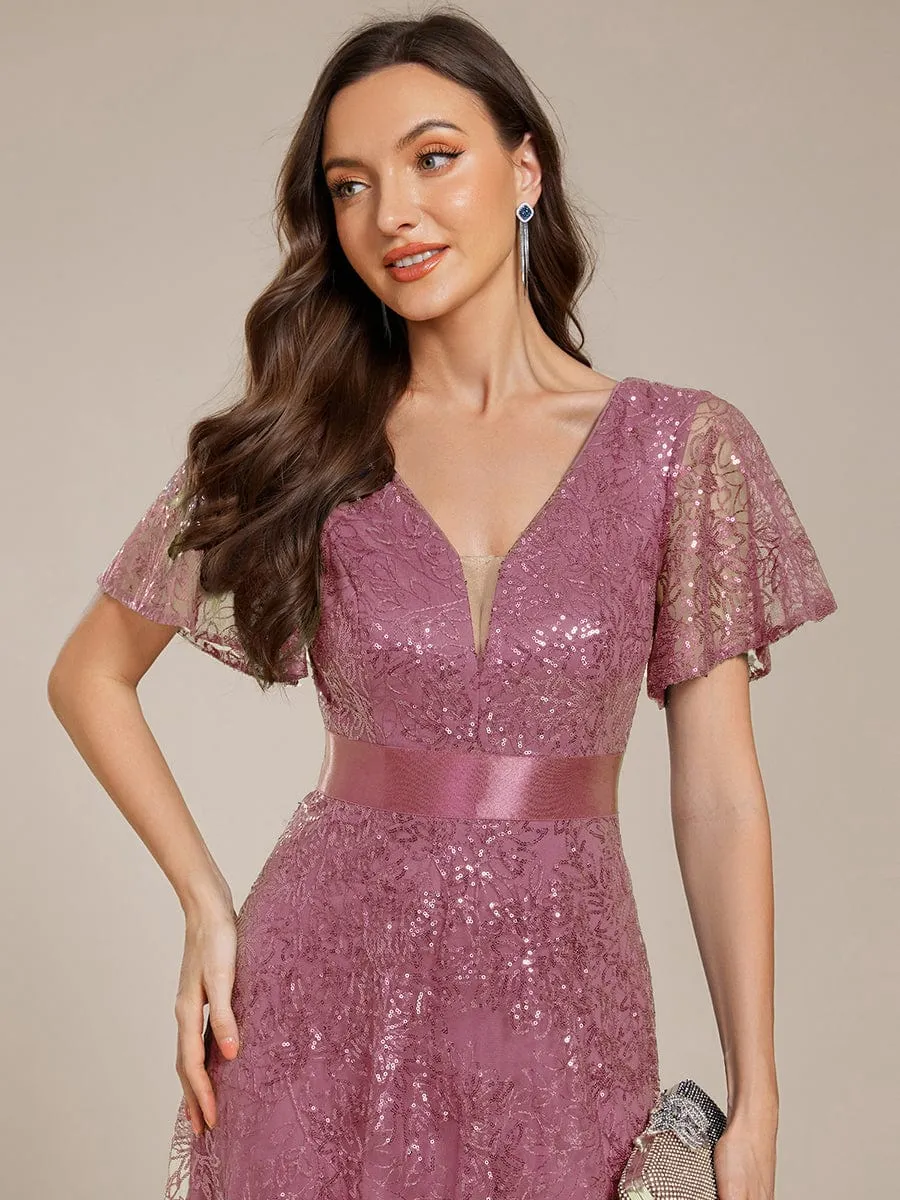 Illusion V-neck Sequin Maxi Evening Dress