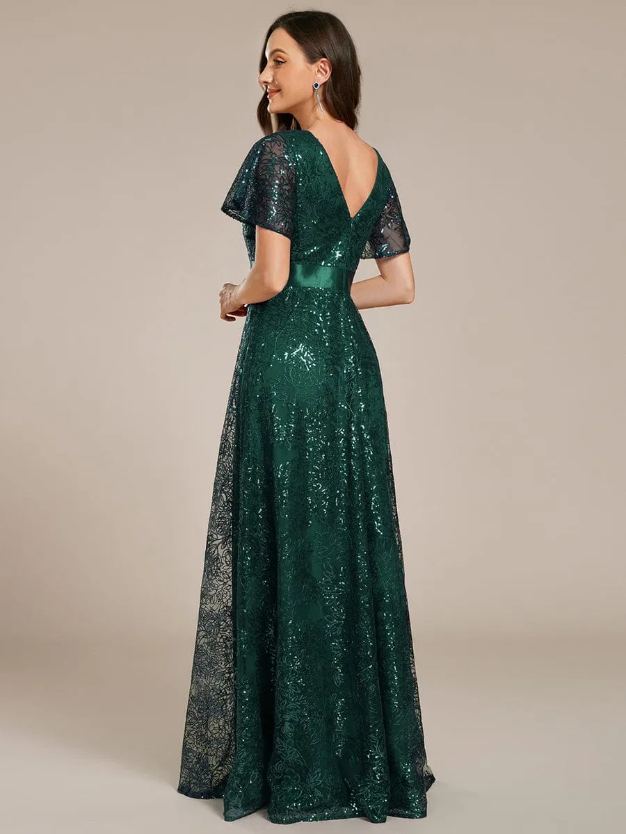 Illusion V-neck Sequin Maxi Evening Dress