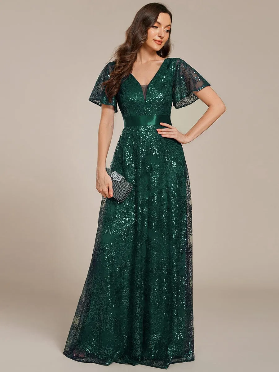 Illusion V-neck Sequin Maxi Evening Dress