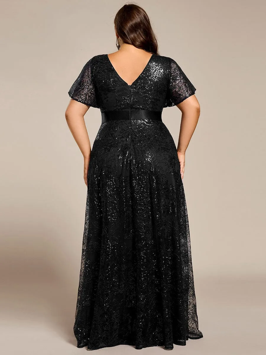 Illusion V-neck Sequin Maxi Evening Dress