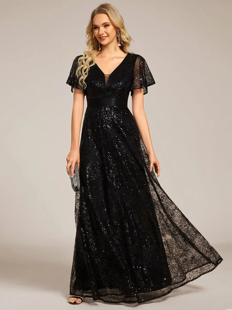 Illusion V-neck Sequin Maxi Evening Dress