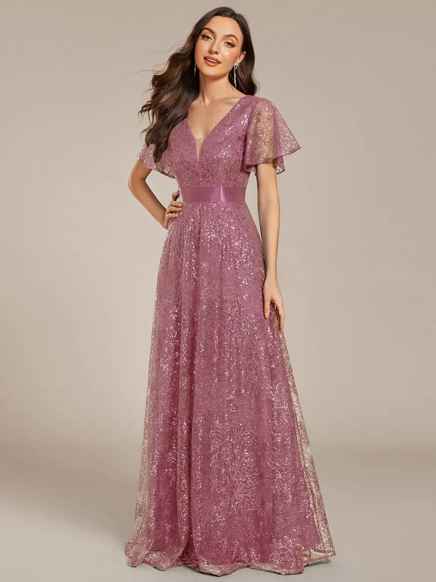 Illusion V-neck Sequin Maxi Evening Dress