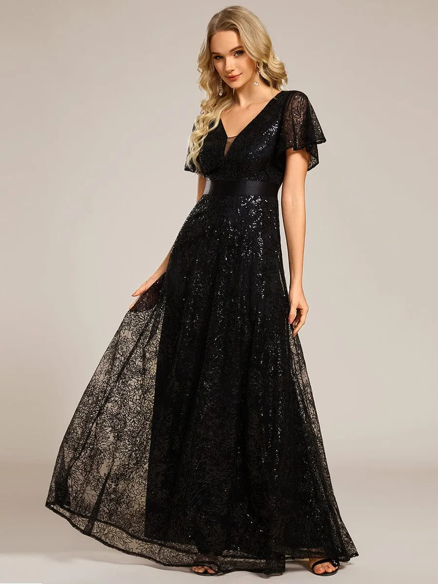 Illusion V-neck Sequin Maxi Evening Dress