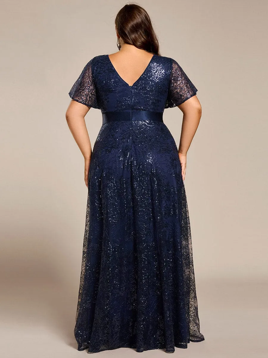 Illusion V-neck Sequin Maxi Evening Dress