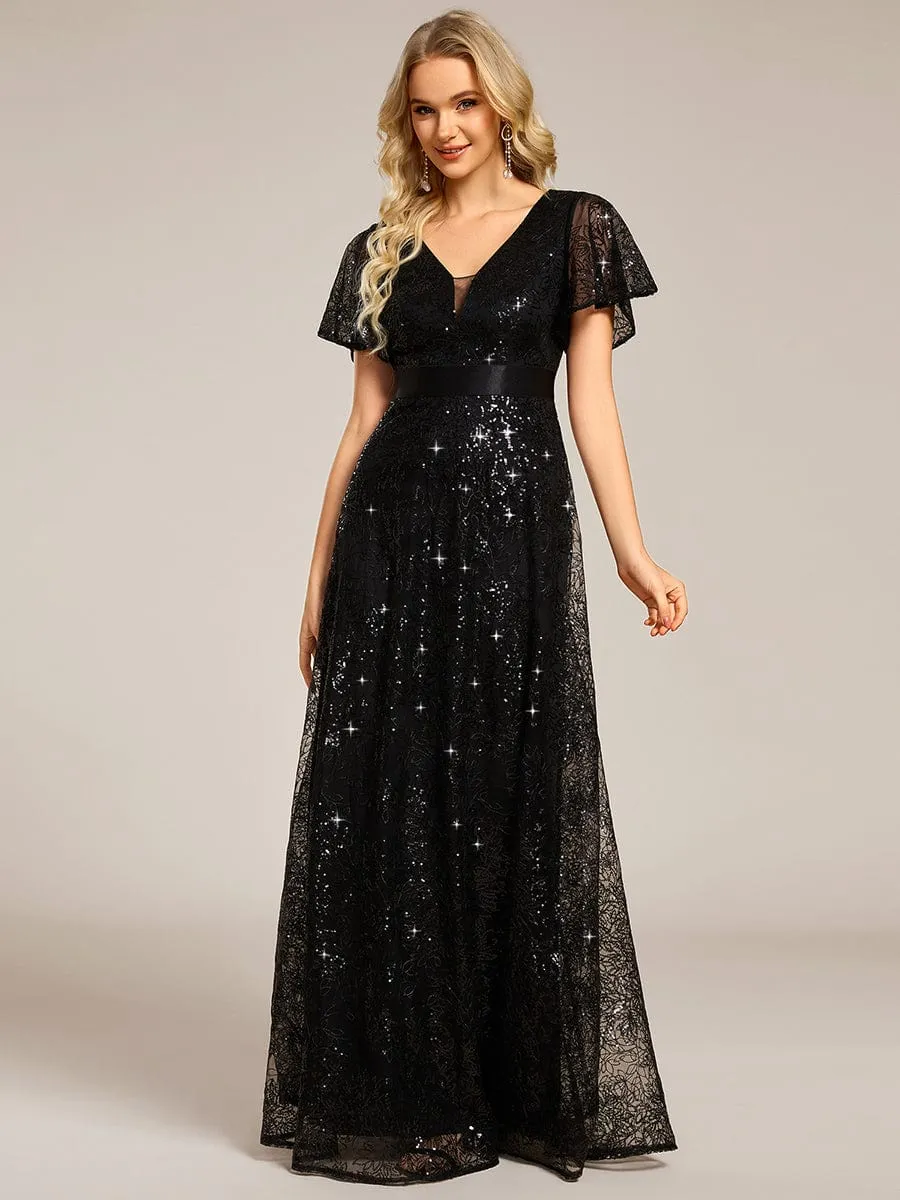 Illusion V-neck Sequin Maxi Evening Dress