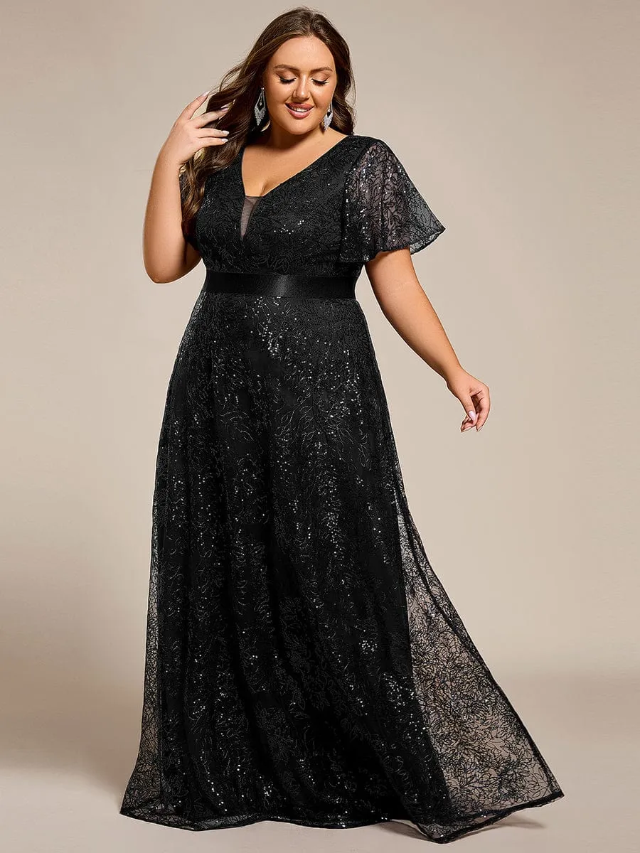 Illusion V-neck Sequin Maxi Evening Dress
