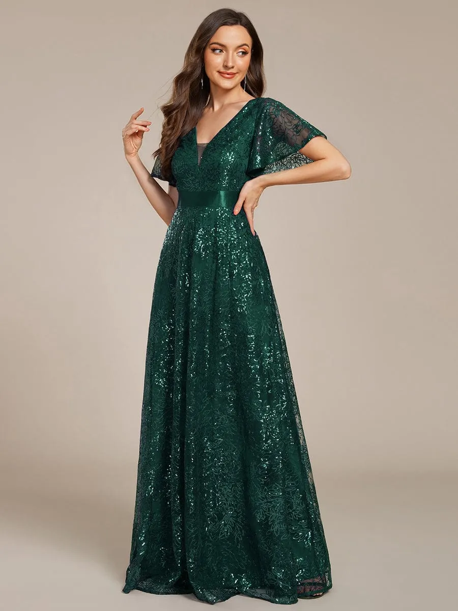 Illusion V-neck Sequin Maxi Evening Dress