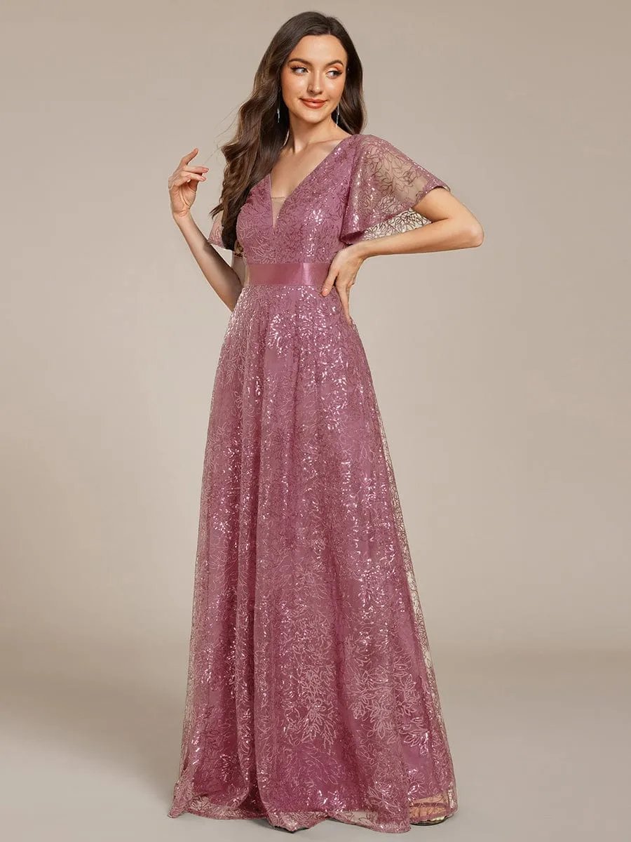 Illusion V-neck Sequin Maxi Evening Dress
