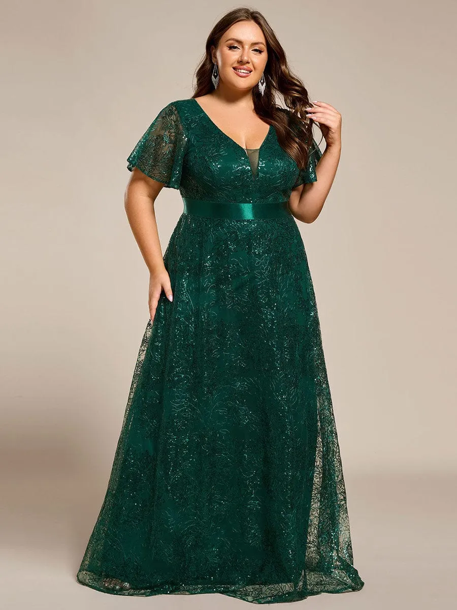 Illusion V-neck Sequin Maxi Evening Dress
